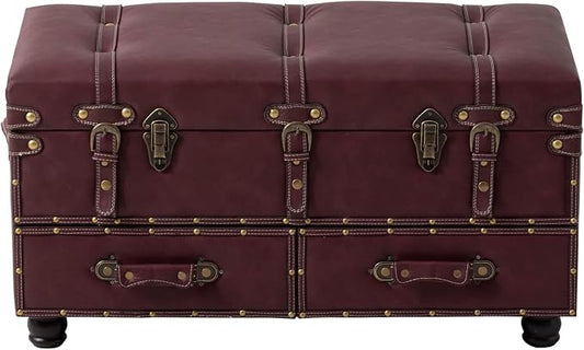 COZAYH Vintage Storage Ottoman Bench, Dark Magenta | Faux Leather, Wood Frame, 31.5x15.75x17.25 in, 250 lb Capacity, Hinged Lid, 2 Latches, Side Handles