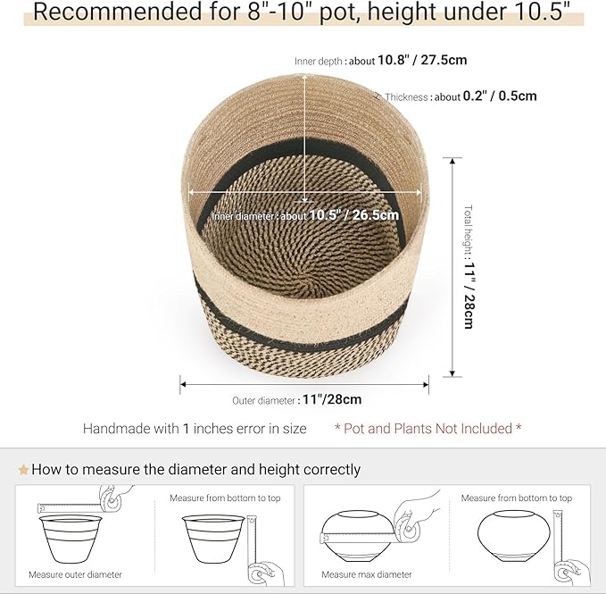 Dahey Plant Basket Indoor for 10 inch Pot Woven Jute Planter, Black | Fits 8"-10" Planters, Reinforced Structure, Foldable Laundry Bin with Handles, Jute Cotton Rope, Decorative Flower Pot Cover