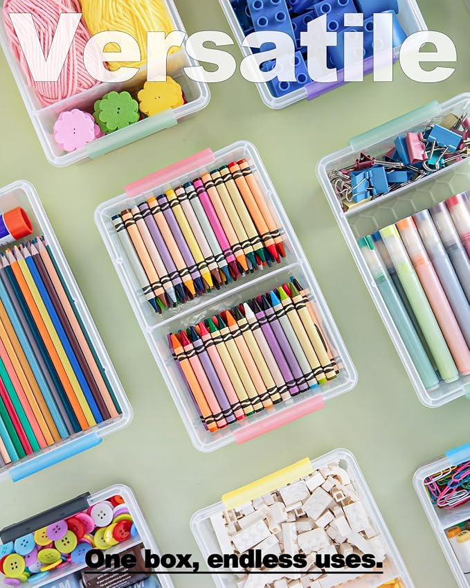 12 Pack Extra Large Pencil Box with Removable Divider, Thickened Pencil Case Bulk, Clear Crayon Marker Organizer Stackable Plastic Small Storage Containers for Pen Craft School Supplies, Multi
