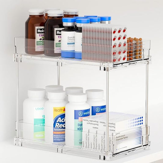 2 Tier Pull Out Cabinet Organizer and Medicine Cabinet Storage for Supplement,Vitamin,Medication and Pill Bottle,10.4" Deep Pantry Organizers Drawer,Under Sink Organizer for Bathroom,Cupboard