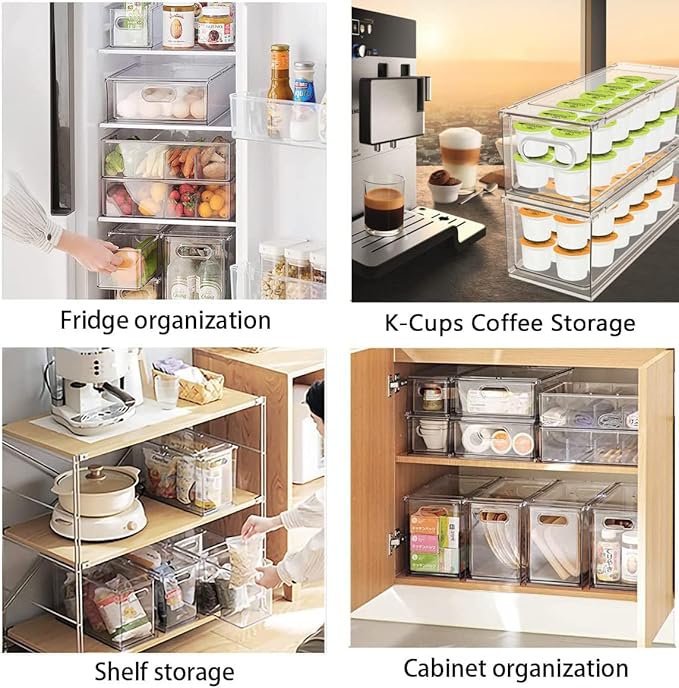 MANO Fridge Drawer Pull Out Stackable Bins with Handle Clear Refrigerator Drawers Organizer Food Storage Container Box with Dividers Plastic Produce Saver for Pantry, Cabinet, Kitchen, Clothes（4Pack）