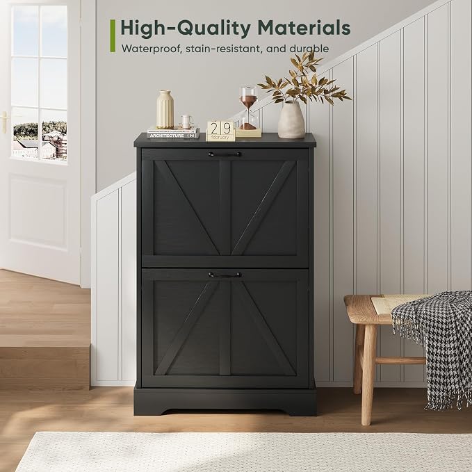 Smart FENDEE Shoe Cabinet, Shoe Storage Cabinet for Entryway with 2 Flip Drawers, Narrow Farmhouse Shoe Organizer Cabinet, Slim Shoe Rack Cabinet, 23.6in Black