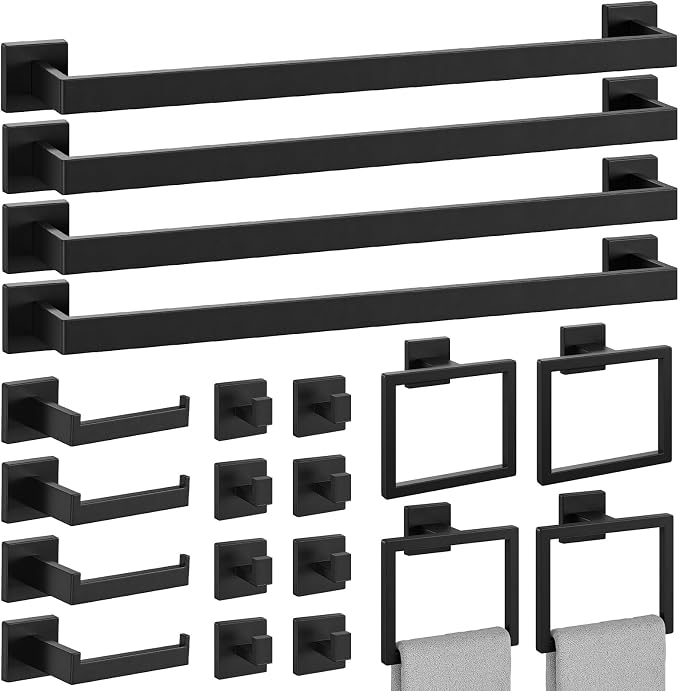 20-Pieces Matte Black Bathroom Accessories Set, 24 Inch Bathroom Hardware Set, SUS305 Stainless Steel Bath Towel Bar Set, Towel Racks for Bathroom Wall Mounted