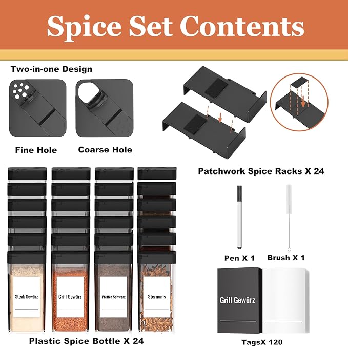 Famhap Spice Drawer Organizer Expandable 24 PCS with Plastic Jars & Labels | Interlocking Design, Fits 2"-48" Wide Drawer, Sturdy Plastic, for Kitchen Drawers Spice Jars