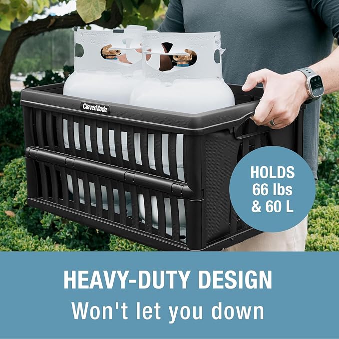CleverMade Collapsible Utility Crates, 60L, 3 Pack, Obsidian | Each crate carries 66 lb with reinforced base bracing. Stack up to 3 high, then fold to 2.75 inches for shelf storage.