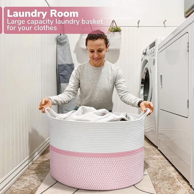 CHICVITA XXL Cotton Rope Woven Blanket Basket with Handles, Pink | Extra large storage basket doubles as clothes and laundry hamper. Decorative, 22x22x14 inches