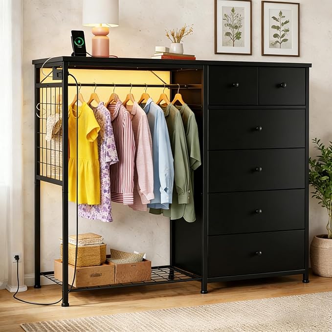Simple Deluxe Storage Clothes Rack with 6 Drawers, Charging Station & LED Lights, Fabric Chest Shelves Clothing Rack, Wooden Portable Wardrobe Closet, 49.2" W x 15.7" D x 47.2" H, Black