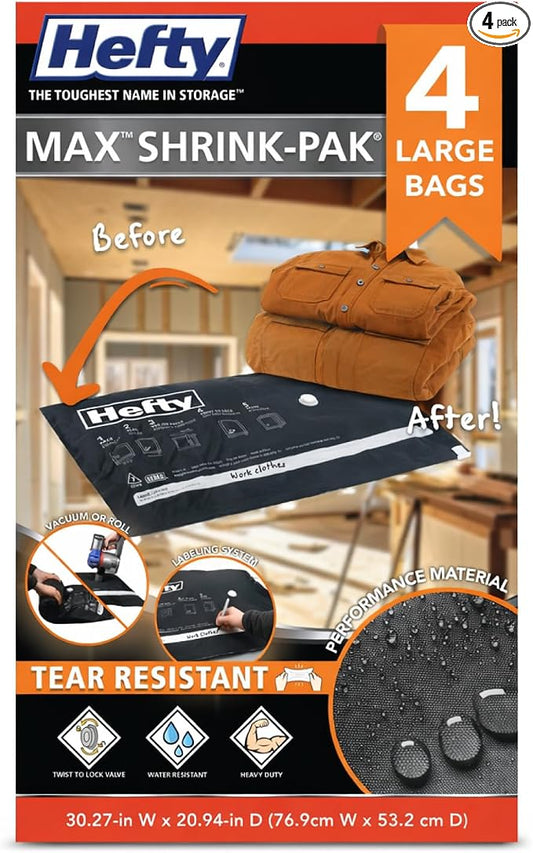 Hefty MAX Shrink-Pak Vacuum Seal Storage Bags for Clothing, Travel, Bedding | Tear & Water Resistant, Dual-Valve Space Saver Compression Bags - Large, 4-Pack