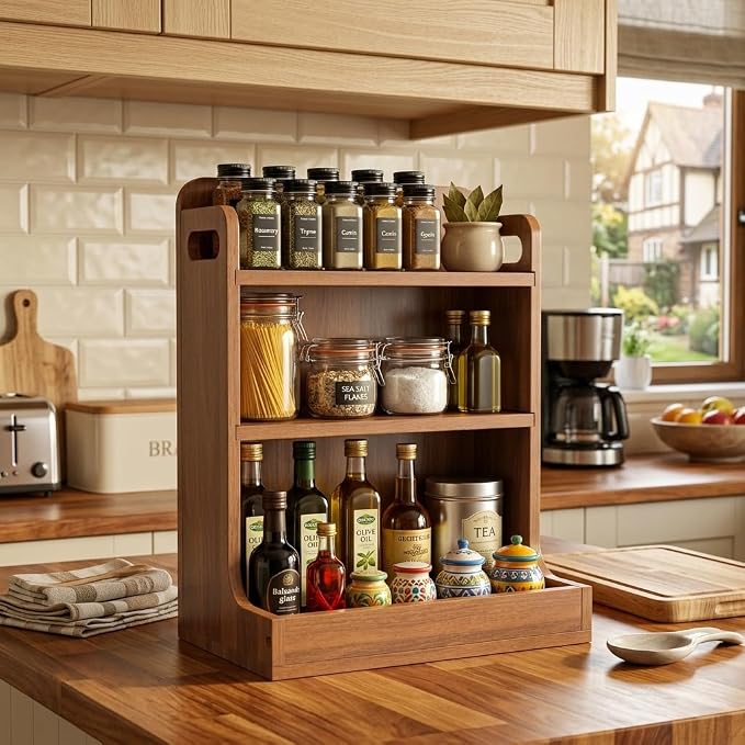 Solid Wood 3-Tier Spice Rack Countertop Organizer Kitchen Storage Shelf | Sturdy wood desktop shelf for spices, coffee bars & bathroom vanities. Features portable handles & full back stability.