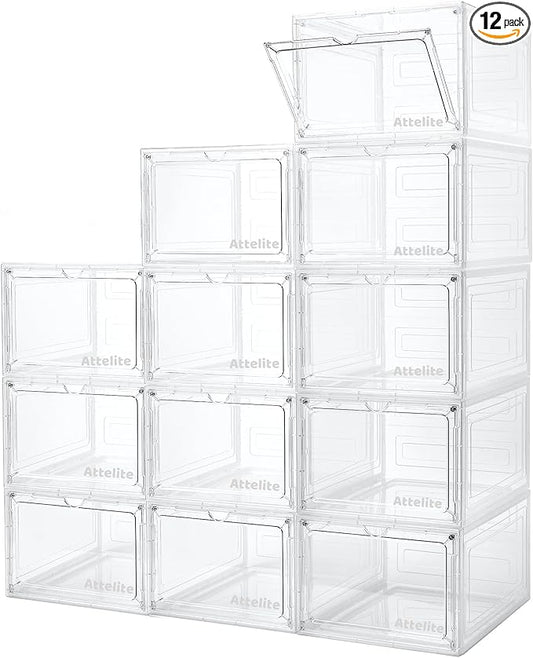 Attelite 12Pack Shoe Boxes Storage Stackable Clear Shoe Organizer X-Large | Clear Shoe Box for Sneakers Boots & Heels, Thicken & Sturdy Plastic,Magnetic Door,Tool-free Assembly,Fit up to Men's Size 12