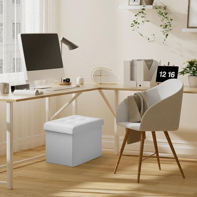 Bsketa Storage Ottoman Bench,17 Inch Folding Leather Foot Rest Stool,White | Ottoman with Storage, Thicker Foam Padded Seat, Living Room, Dorm, Bedroom, Load 330 lbs,Easy to install,17x13x13in