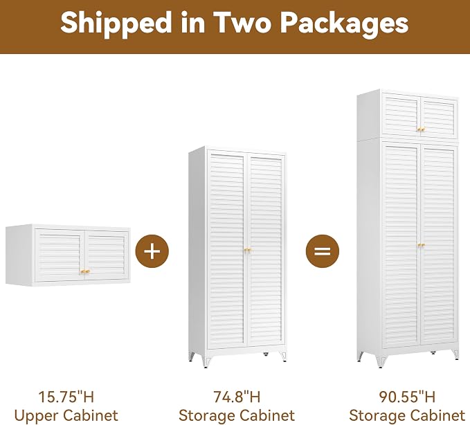 Polup 90" Tall Metal Kitchen Pantry Storage Cabinet with Doors and Shelves | Heavy-Duty White Cabinet, 5 Adjustable Shelving, Gold Handles, Louvered Doors, for Dining Living Room, Bathroom & Garage