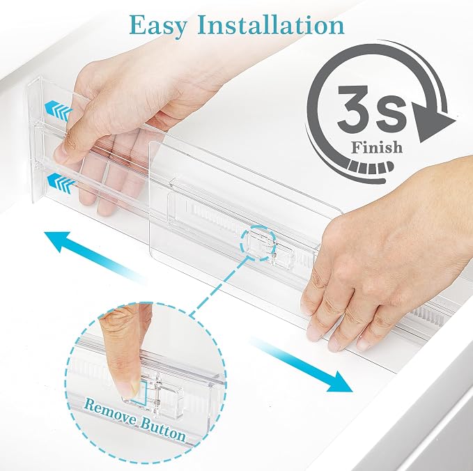 Vtopmart 12 Pack Drawer Dividers for Clothes, 4" High 13"-22" Adjustable Expandable Dresser Drawer Organizer, Clear Plastic Separators for Dresser, Baby Clothing, Underwear, Cosmetic, Toiletries
