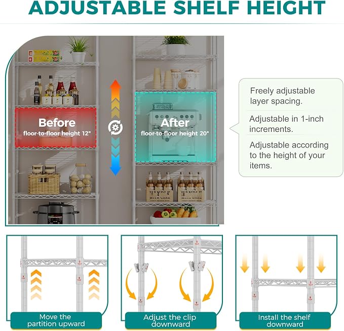 SINGAYE 6 Metal Shelves Wire Shelving Storage Shelf Adjustable Unit Pantry | 6 Tier Kitchen Laundry Room Organization Home Pantry Closet Bathroom Organizers Garage Rack 14" D x 24" W x 72" H White