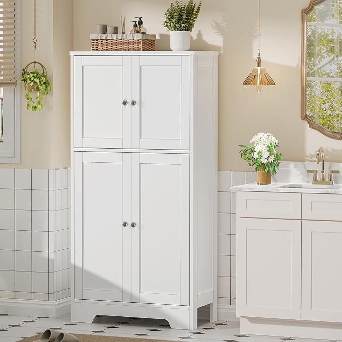 Bathroom Floor Storage Cabinet, Freestanding Bathroom Storage Unit with 2 Adjustable Shelves & 4 Doors, White