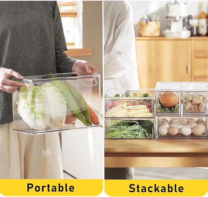 Refrigerator Organizer Bins with Pull-out Drawer 6 Pack Stackable Clear Fridge Drawer Organizer Fruit Vegetable Storage Containers for Kitchen Pantry Organization (2 Small)