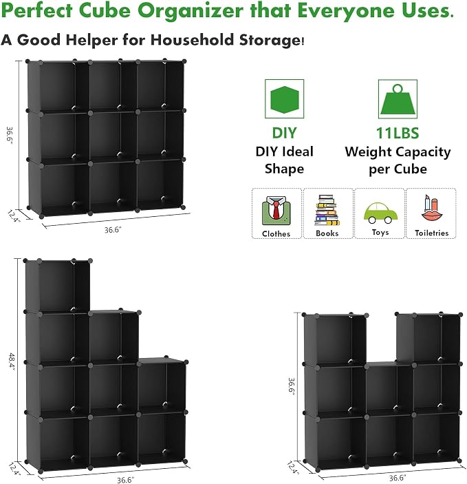 C&AHOME Cube Storage Organizer, 9-Cube Bookcase, Closet Cabinet Black | DIY Stackable Bookshelf, Plastic Modular Shelving Units Ideal for Home, Office, Kids Room, 36.6" L x 12.4" W x 48.4" H