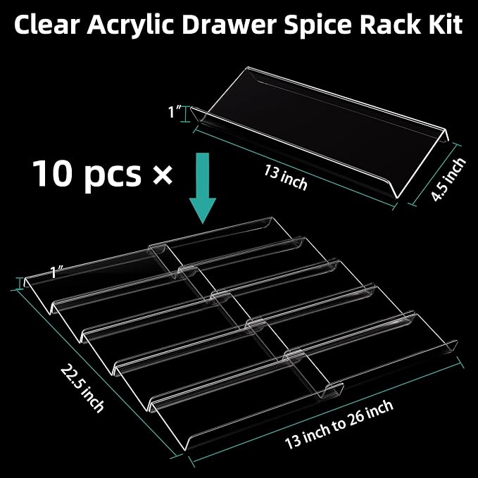 MIUKAA Acrylic Spice Drawer Organizer, 5 Tier - 10 Pack Seasoning Organizer for Drawer, Expandable From 13" to 26" Kitchen Drawer Spice Rack (Jars not Included)
