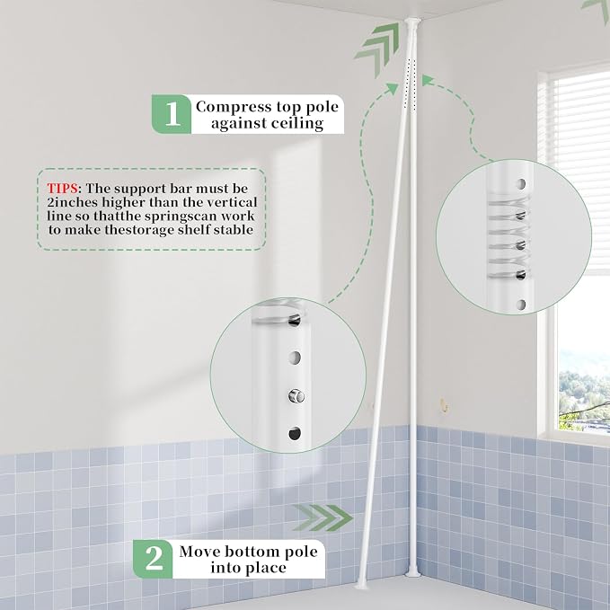 akinbas Tension Pole Shower Caddy Organizer with 4 Tier L-Shaped Rust Resistant Bathroom Corner Shelves with 34-124 Inch Adjustable No Drilling Quick Install Shower Rack for Bath Essentials (White)