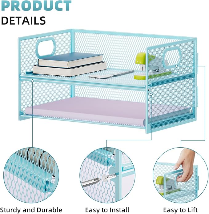 Marbrasse 2 Tier Paper Organizer Letter Tray, Mesh File Organizer with Handle, Paper Sorter Desk Organizer for Home Office Supplies - Blue