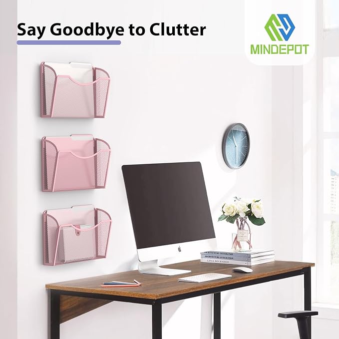 MINDEPOT Wall File Organizer, Hanging Wall File Holder, 3 Pack, Pink | Heavy Duty Iron, Metal Mesh Wall Mount, Single Pocket, Mail Organizer, for Office School Classroom Home, Letter A4 Size