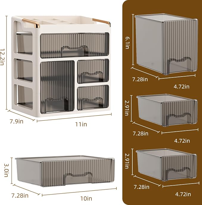 GearFusion Cosmetic Organizer, Makeup Storage Box with Drawers for Vanity, Plastic Beauty Countertop Cabinet with Clear Doors, Skincare, Perfume, Lipstick, Brush Holder for Dresser, Bathroom, Bedroom