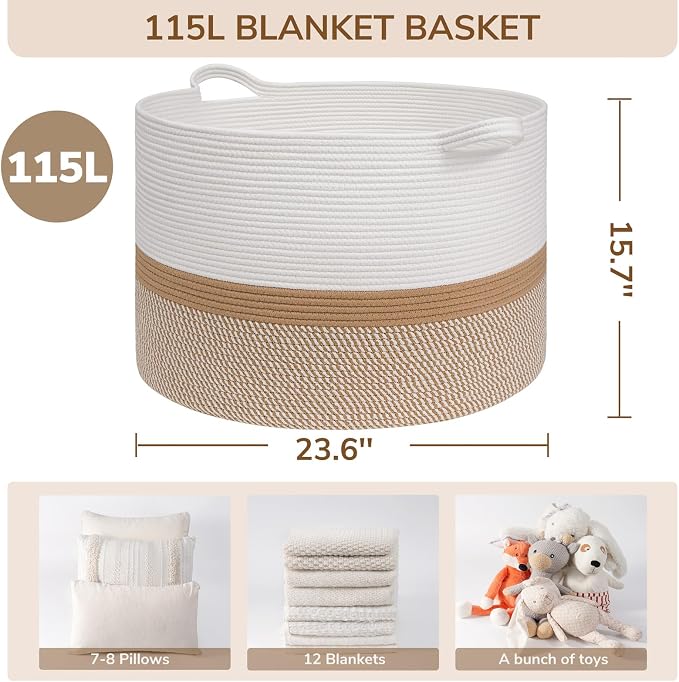 INDRESSME 115L Extra Large Woven Rope Blanket Basket Living Room WhiteCamel | 23.6" x 15.7" Storage baskets for toys laundry & pillows. Fits living room, bedroom or nursery décor. Soft-touch with handles