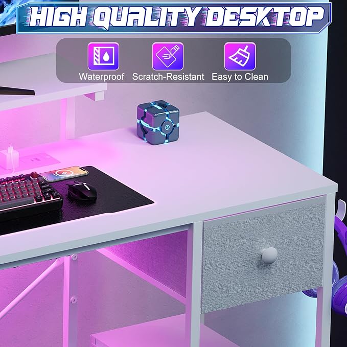 X-cosrack 33.5" Small Computer Desk with Monitor Stand & Outlets, Small Gaming Desk with LED Light & CPU Stand, Teen Study Writing Table with Storage Drawer, Side Hooks for Bedroom, Home Office White