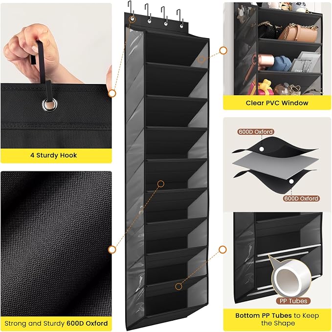 Mefirt 20-25 Pairs Over the Door Shoe Organizer, Clear Pockets Shoe Rack for Closet Door, 10-Tier Hanging Shoe Rack for Boots, Behind the Door Shoe Holder Fit All the Family's Sneakers, Heels, Black