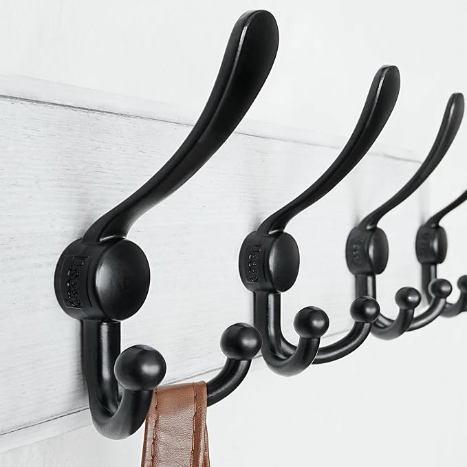 Coat Rack Wall Mounted - 5 Tri Hooks, Heavy Duty, Wooden Wall Coat Hanger Coat Hook for Clothes Hat Jacket Clothing, White & Black