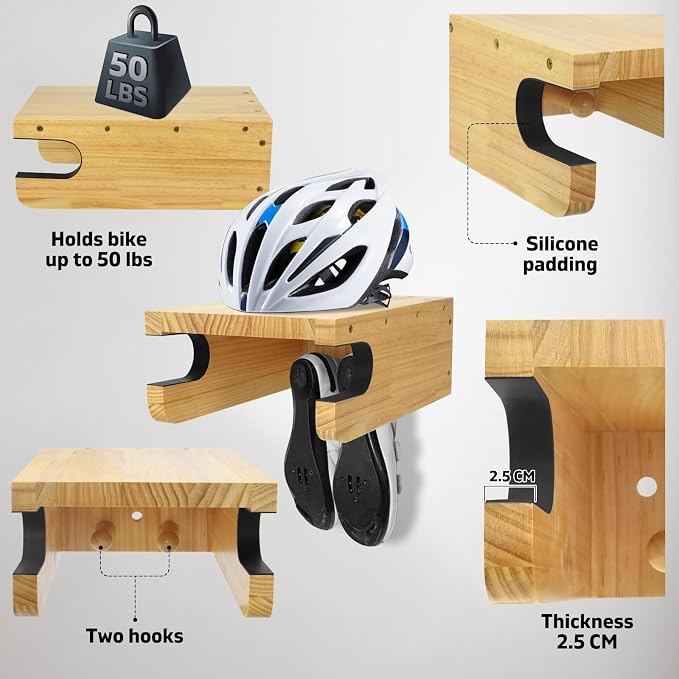 Wooden Bike Wall Mount Rack with Shelf and Hooks, Bike Hanger Wall Mount | Wood Wall Mount Bike Hangers for Garage, Space-Saving Indoor Bike Wall Mount Horizontal Storage Rack for Single Road Bicycle