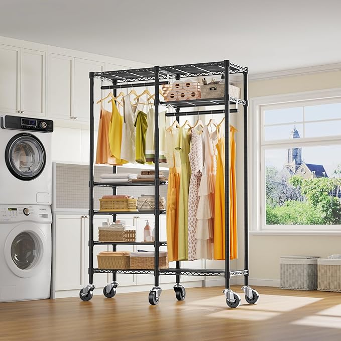VIPEK R4 Rolling Clothing Rack, Garment Rack with Movable Wheels, Black | 360°Silent Wheels, 4 Adjustable Shelves, 2 Hanger Rods, Heavy Duty Clothes Rack for Hanging Clothes, for Laundry Room/ Closet