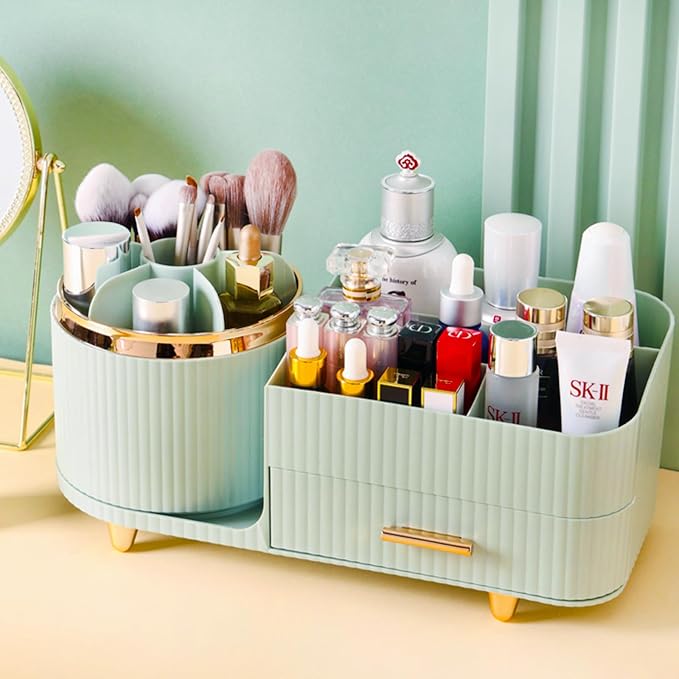 Rotating Makeup Organizer for Vanity with Brush Holder and Drawer, Cosmetic Makeup Storage, Large Spinning Makeup Skincare Organizer, Countertop Makeup Perfume Organizer, Lotions Display Case (Green)