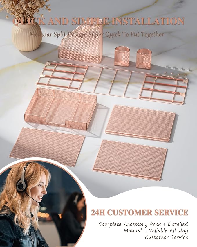 WALI Desk File Organizer, 4 Tier Desktop Paper Letter Tray Organizer with Drawer and 2 Pen Holders, Office Desk Accessories & Workspace Organizers for Office, Home, School Supplies, 1 Pack, Rose Gold