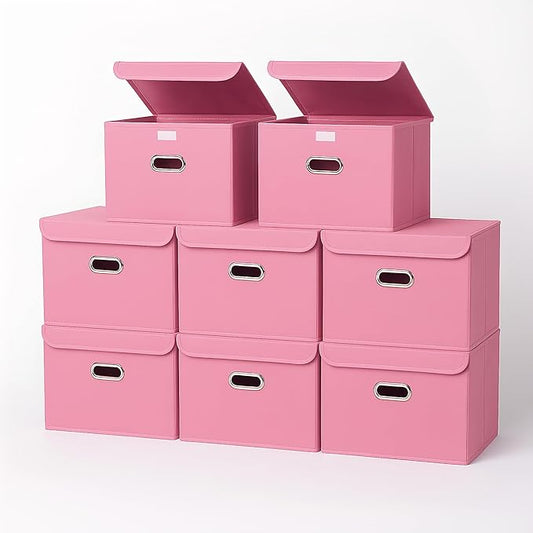 STOREONE Fabric Storage Cube Bins Foldable Organizer Container Collapsible Basket with Lids and Metal Handles, for Home, Bedroom, Closet 8 Pcs (Pink)