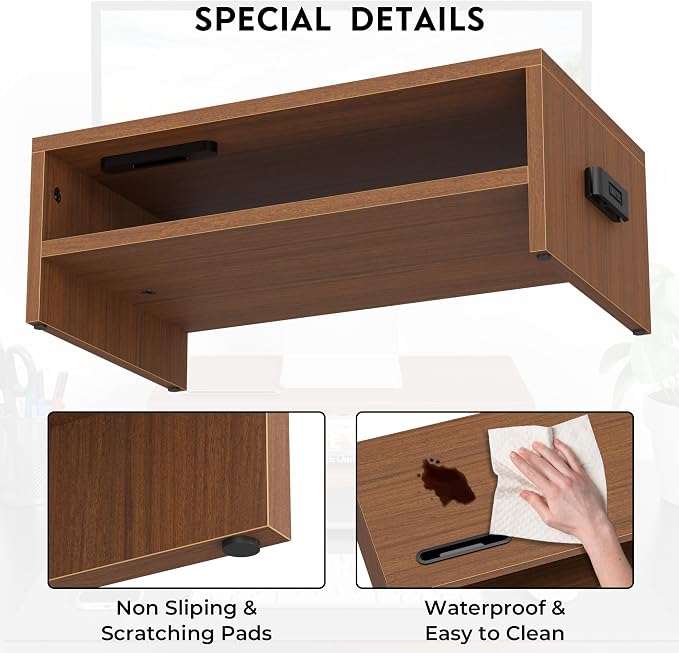 BONTEC Wooden Monitor Stand Riser for Desk, 2-Tier Computer Monitor Stand | 66 lbs Desk Shelf Organizer with Storage, Laptop & Printer Stand with Phone Holder and Cable Management, Walnut, 16.5 Inch