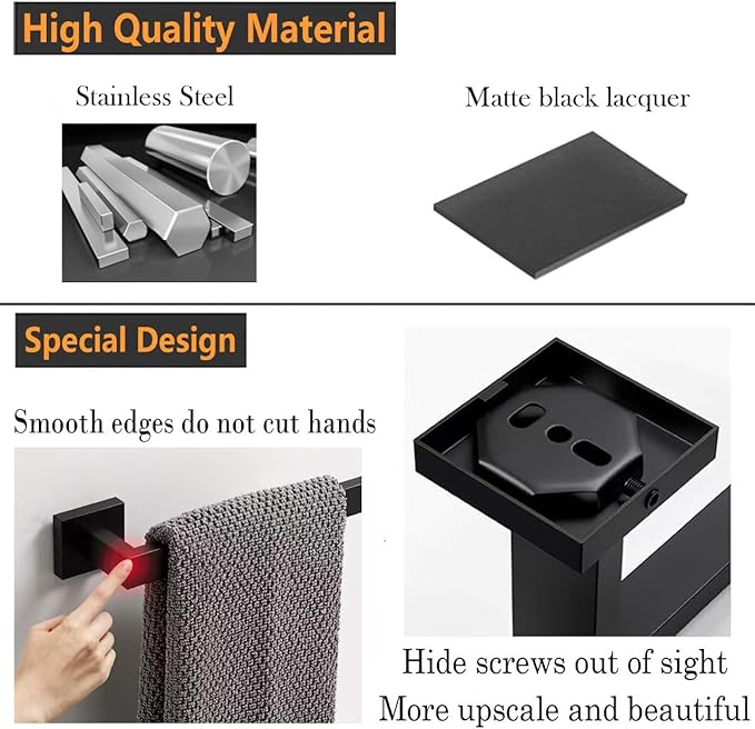 JOPOFI 2 Piece Towel Bar - 23.6 Inch Bathroom Towel Holder - Matte Black | Stainless Steel Towel Racks for Bathroom Wall Mounted, Towel Rod for Bathroom Wall