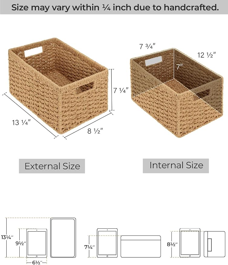 StorageWorks Round Paper Rope Storage Baskets, Rectangular Wicker Baskets with Built-in Handles, Medium, 13" L x 8¼"W x 7" H, 2-Pack