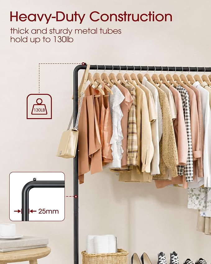 Sakugi Clothes Rack - Clothing Rack with Storage Mesh Shelf & Casters, Heavy-Duty Metal Clothing Rack for Hanging Clothes, Dresses, Coats, Large Load Capacity, Easy Assembly, Black, 44.3"x16.9"x59.0"