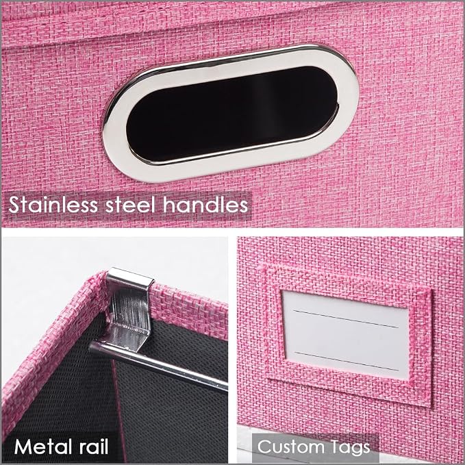 File Organizer Box - Set of 4 Collapsible Decorative Linen Filing Storage Hanging File Folders with Lids Office Cabinet Letter Size Pink (14x9.3x10.8 inch)