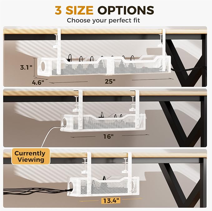 2 Pack Under Desk Cable Management Box White, Cinati 26.8" Wire Organizers No Drill, Cord Organization Tray with Clamp for Office, Home - No Damage to Desk