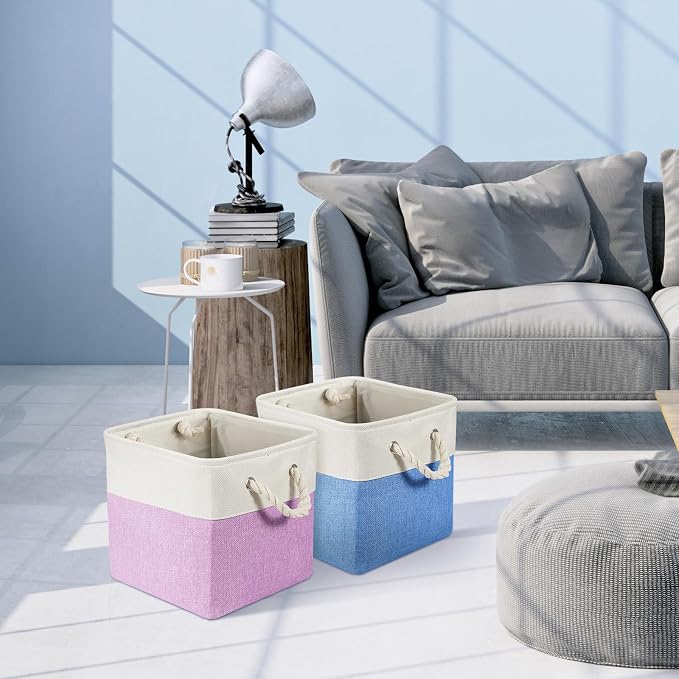 Geiserailie 6 Pcs 13 x 13 Inch Cube Storage Bins Fabric Storage Organizer Bins Foldable Cube Baskets with Sturdy Carry Handles Wicker Baskets for Home (Macaron Color)