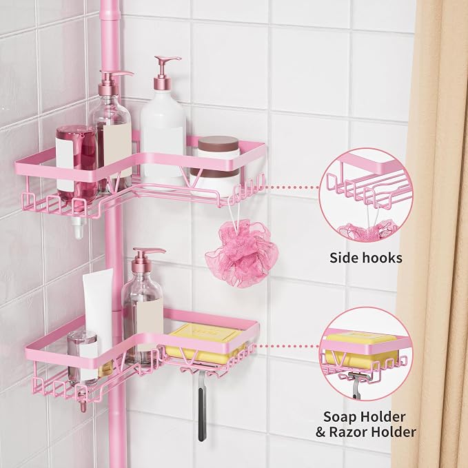 KEGII Corner Shower Caddy Tension Pole, Bathtub Shelf, Pink | 28 Hooks and 4-Tier Large Capacity Organizer, Waterproof, Stainless Steel Shower Rack Fits 25-114.2 inch Heights