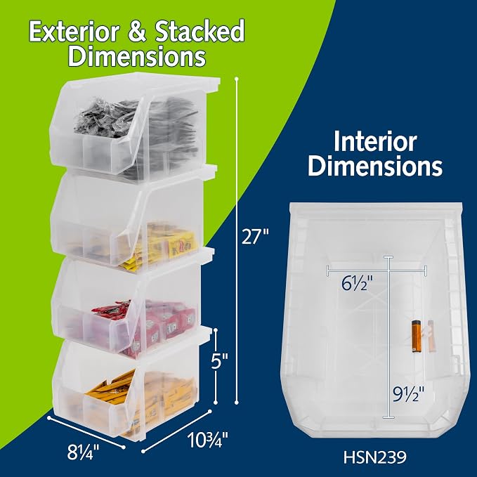 ReadySpace Medium-Tall Stackable Plastic Storage Bins, 4-Pack, Clear | Open-Front Stackable Bins For Garage, Pantry, Closet & Office, 7"L X 11"W X 8"H, Nests When Empty, Durable Plastic,