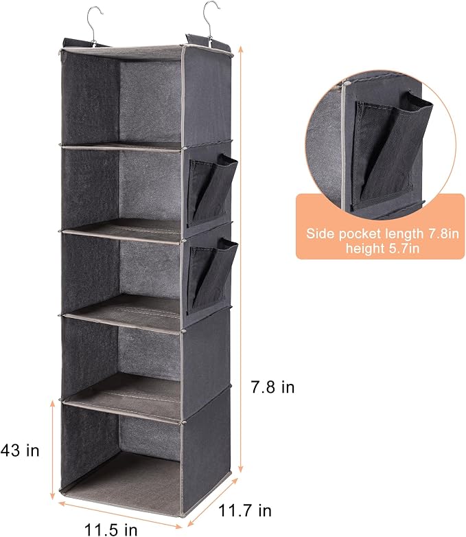 BOOMIBOO Hanging Closet Organize and Shelves，5-Hanging Shelf with 2 Side Pockets，Storage Foldable （2 Pack ，Grey）