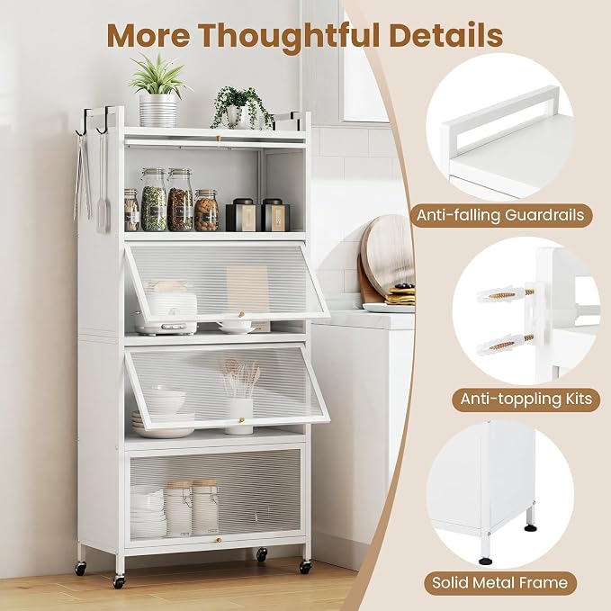 Giantex 5-Tier Kitchen Storage Cabinet, Freestanding Metal Baker's Rack w/4 Flip-up PC Doors, 4 Hooks, Adjustable Feet & Rolling Wheels, Mobile Microwave Stand for Dining Room, Living Room (White)
