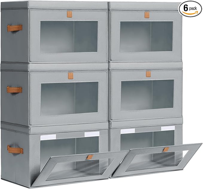 Homsorout Large Closet Storage Bins - Collapsible Storage Bins with Handles & Window, Fabric Cube Organizer with Lids, Decorative Boxes for Living Room, Closet, Dorm, 6 Pack, Grey