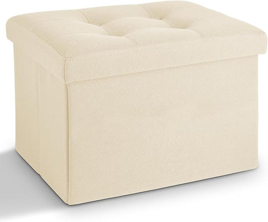 LINMAGCO Storage Ottoman Folding Foot Stool Foot Rest with Side Pocket Modern Ottoman with Storage Short Sofa Stool Linen Cloth 17x13x13(Beige)
