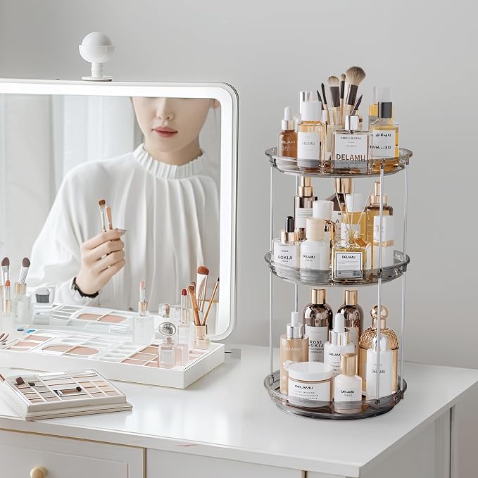 Delamu 3 Tier Rotating Makeup Organizer for Vanity, Skincare Organizer for Bathroom Counter, Spinning Perfume Organizer Cosmetic Holder with Large Capacity, Grey