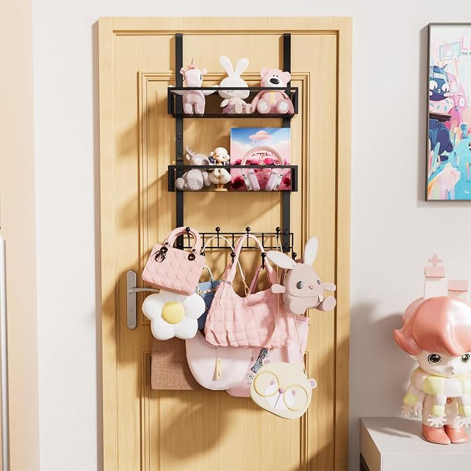 Consumest Over The Door Hooks Organizer - 3 Tier Door Hanger with 9 Coat Hooks & 2 Mesh Basket, Back Storage Organizer Hanging Towels for Bathroom, Bedroom, Black